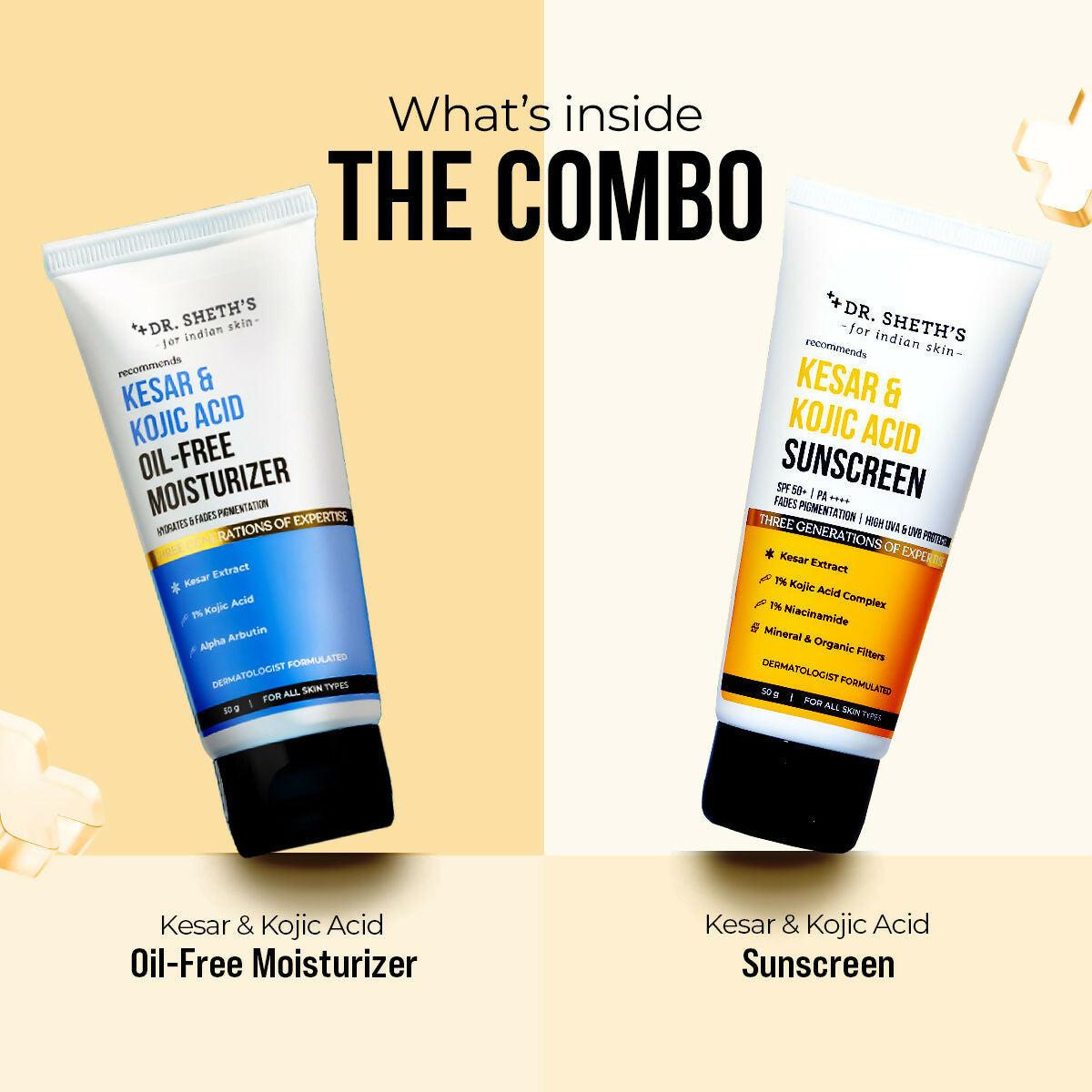 Dr. Sheth's Kesar & Kojic Acid Sunscreen & Oil-Free Moisturizer Combo - Hydrates & Fades Pigmentation
