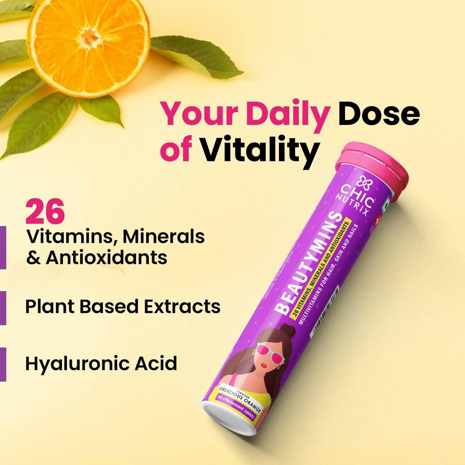 Chicnutrix Beautymins Effervescent Tablets - 26 Vitamins & Minerals Multivitamin For Women, Healthy Hair, Skin & Nails