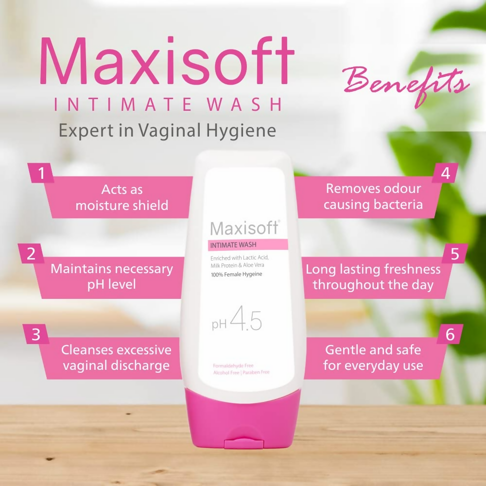 Maxisoft Intimate Wash With Aloe Vera, Glycerine Licorice Redberry Tea Tree Oil & Tulsi pH 4.5 Balanced
