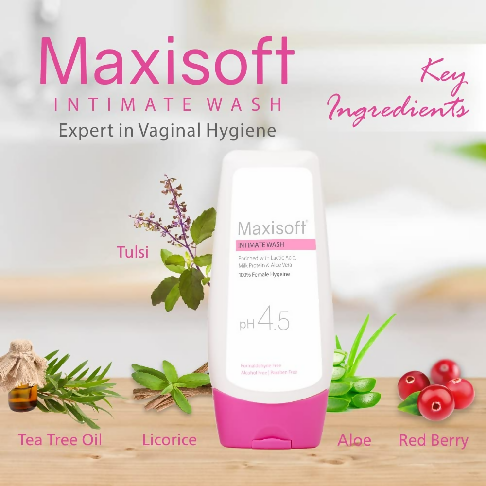 Maxisoft Intimate Wash With Aloe Vera, Glycerine Licorice Redberry Tea Tree Oil & Tulsi pH 4.5 Balanced