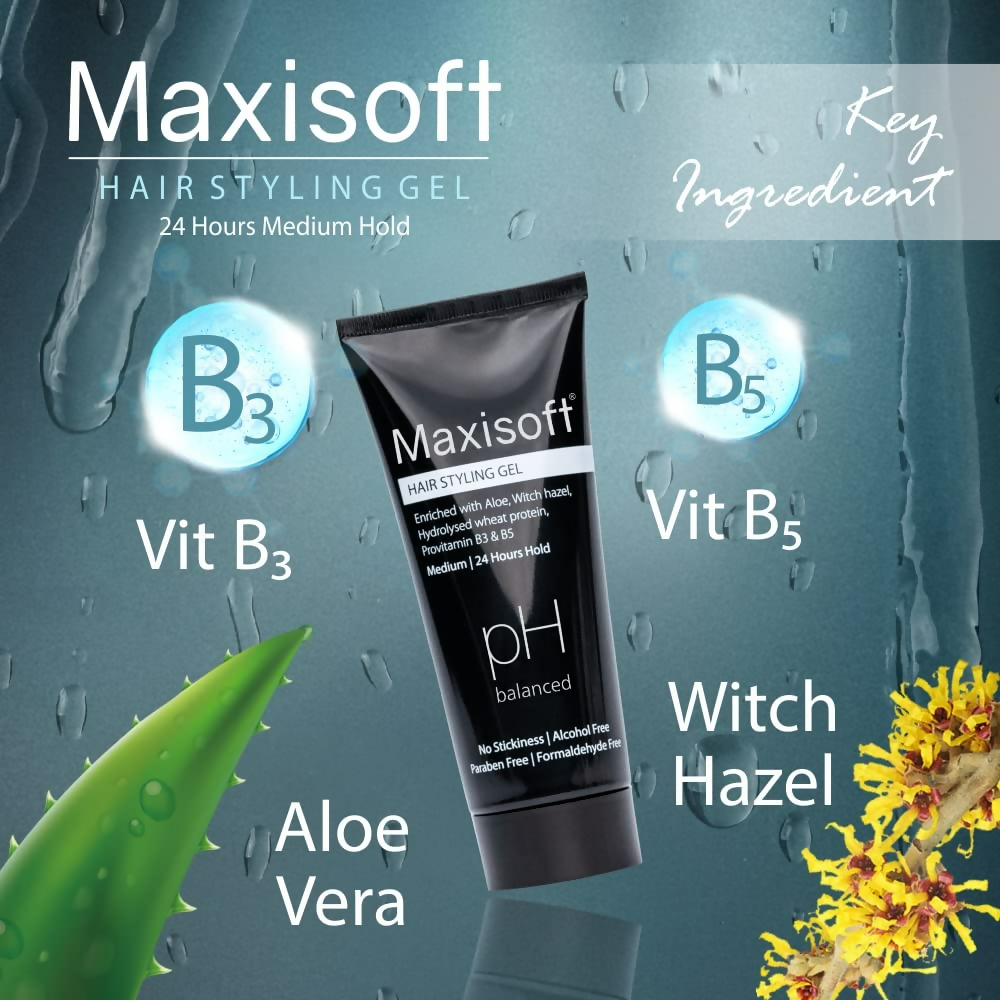 Maxisoft Hair Styling Gel With Aloe Vera Witch Hazel Extract Hydrolyzed Keratin & Pro Vitamin B3 & B5 pH Balanced