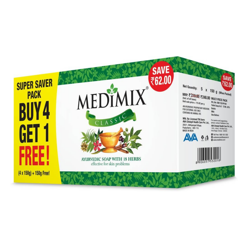 Medimix Ayurvedic Classic 18 Herbs Soap, 150 g (4 + 1 Offer Pack)