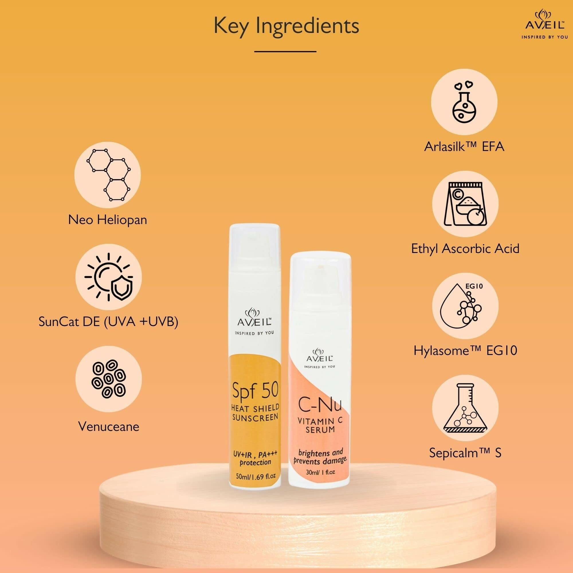 Aveil Heat Shield SPF 50 Gel Sunscreen & C-Nu Vitamin C Face Serum Combo