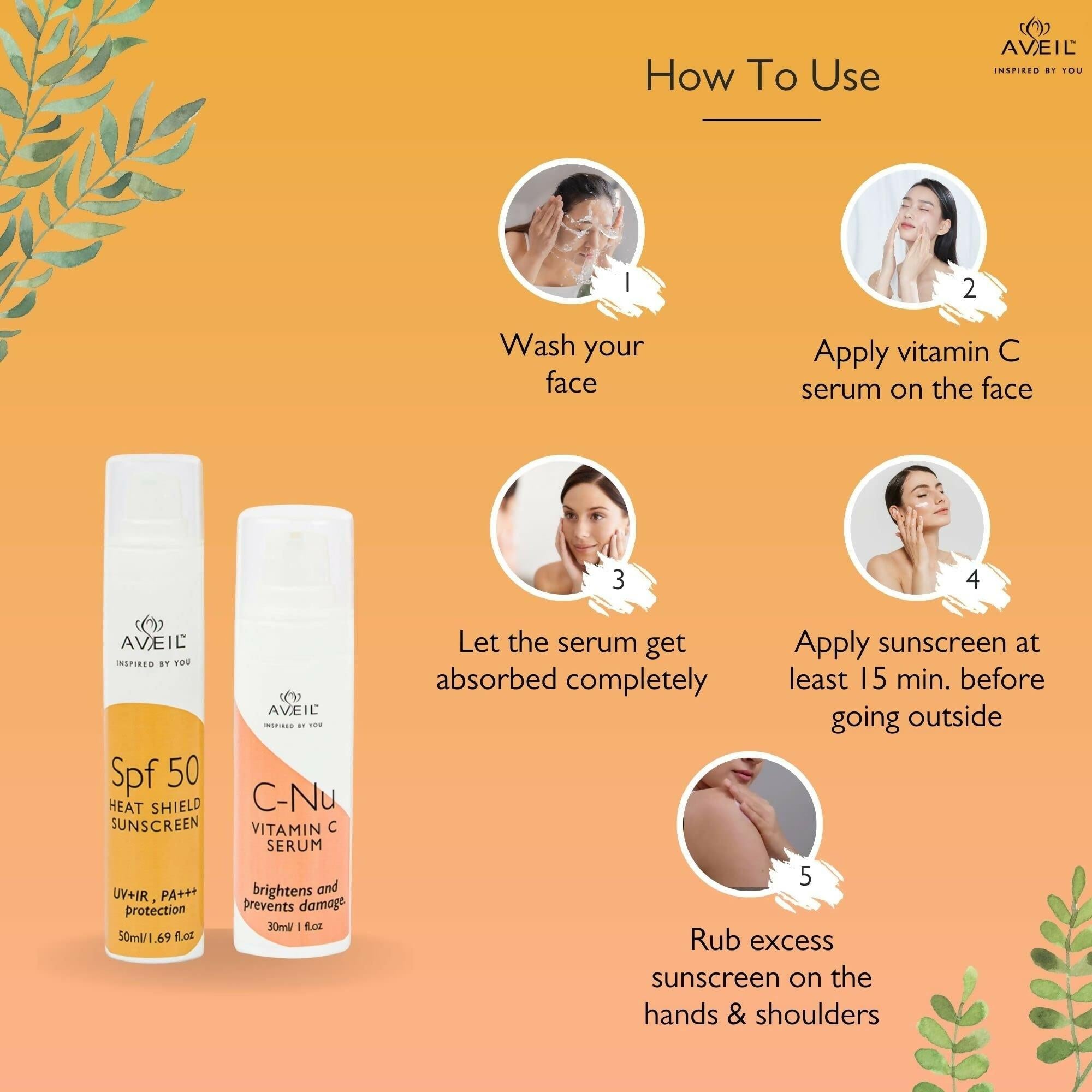 Aveil Heat Shield SPF 50 Gel Sunscreen & C-Nu Vitamin C Face Serum Combo