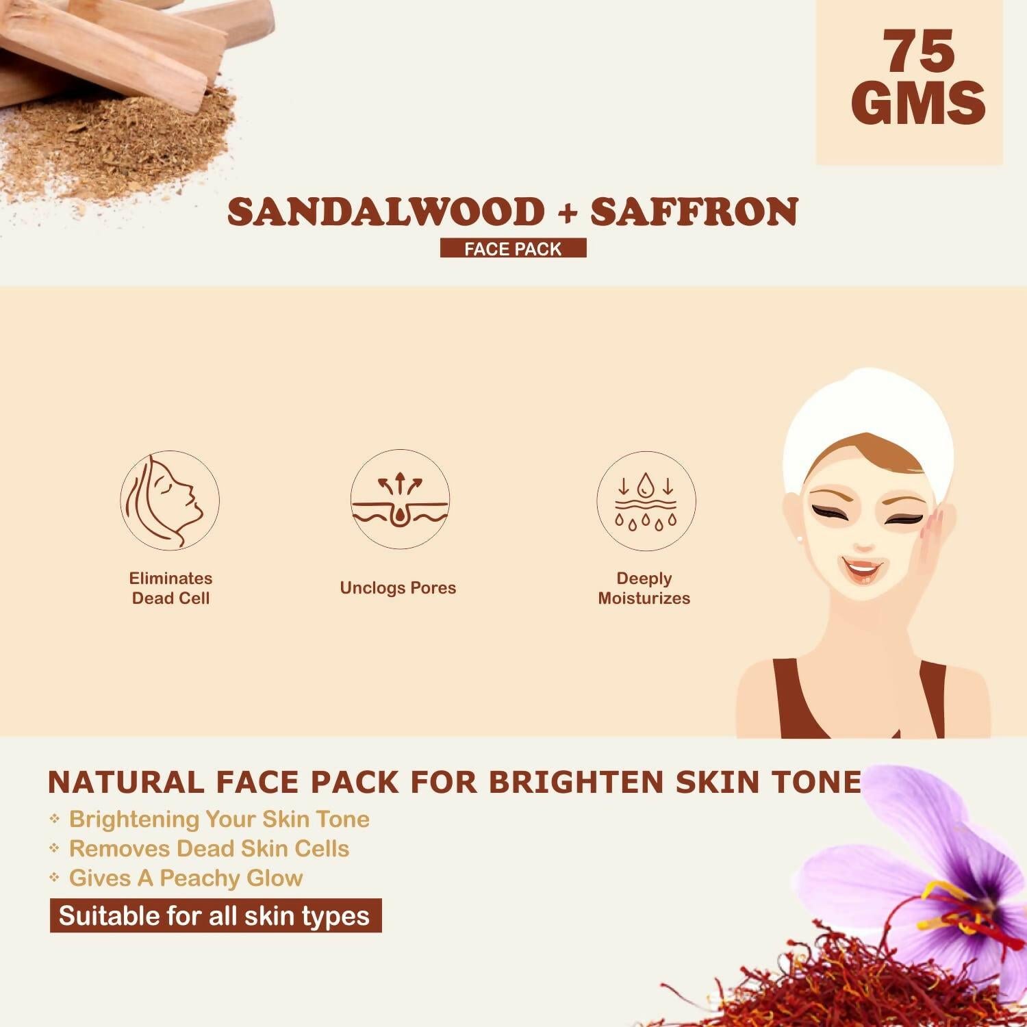 Kimayra Sandalwood + Saffron Face Pack Powder For Brighter Skin Tone, Helps In Anti-Ageing & Soothes Skin