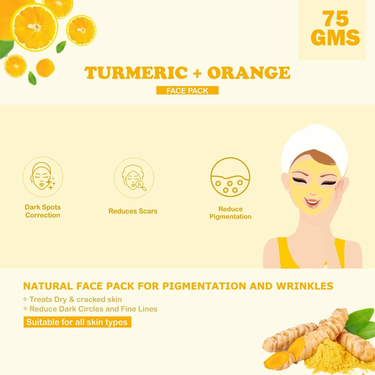 Kimayra Organic Turmeric + Orange Face Pack Powder For Brightening Skin, Help In Pigmentation, Wrinkles, Fine Lines & Scars