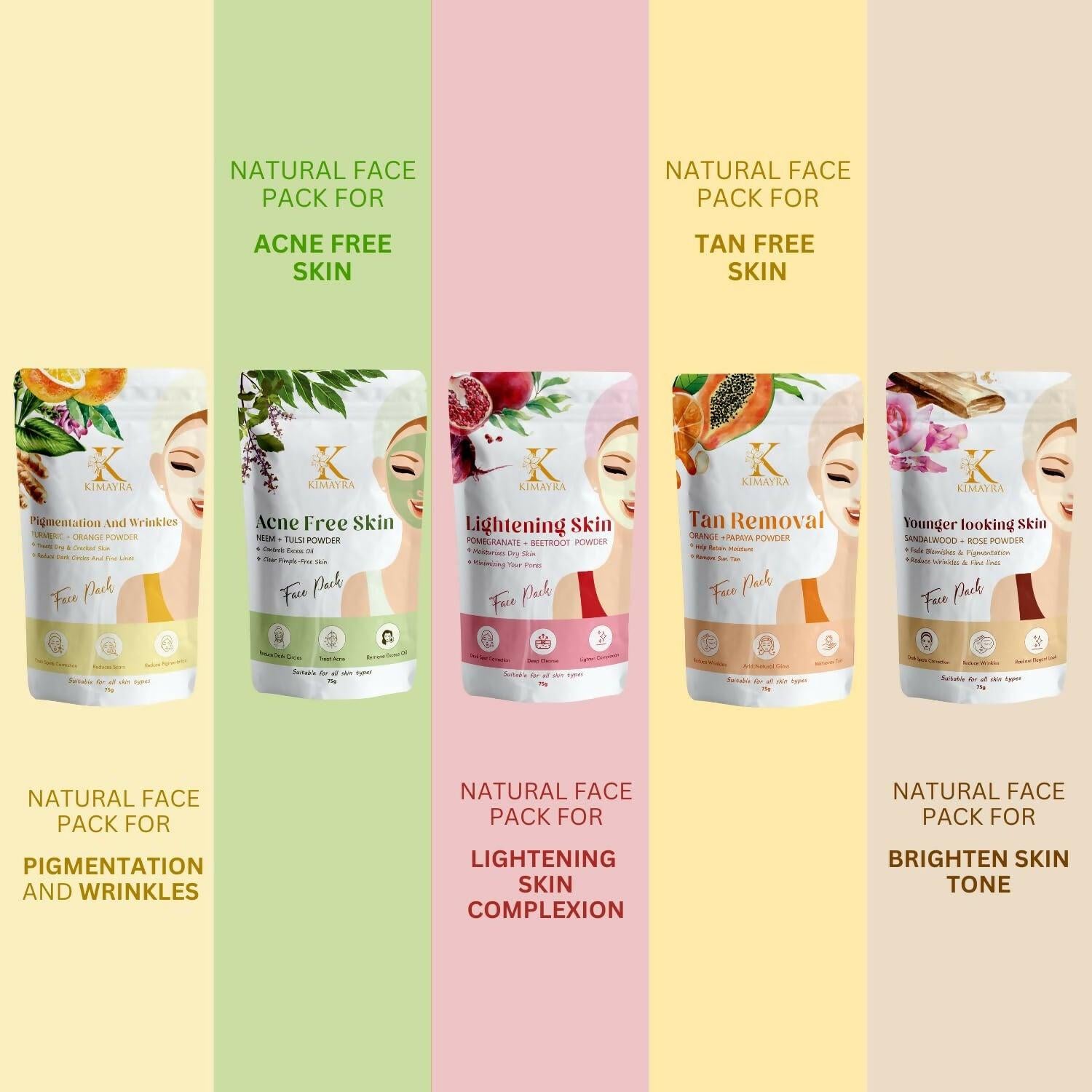 Kimayra Skin Care Combo Powder (Pomegranate + Beetroot, Neem + Tulsi, Orange + Papaya, Turmeric + Orange, Sandalwood + Saffron)
