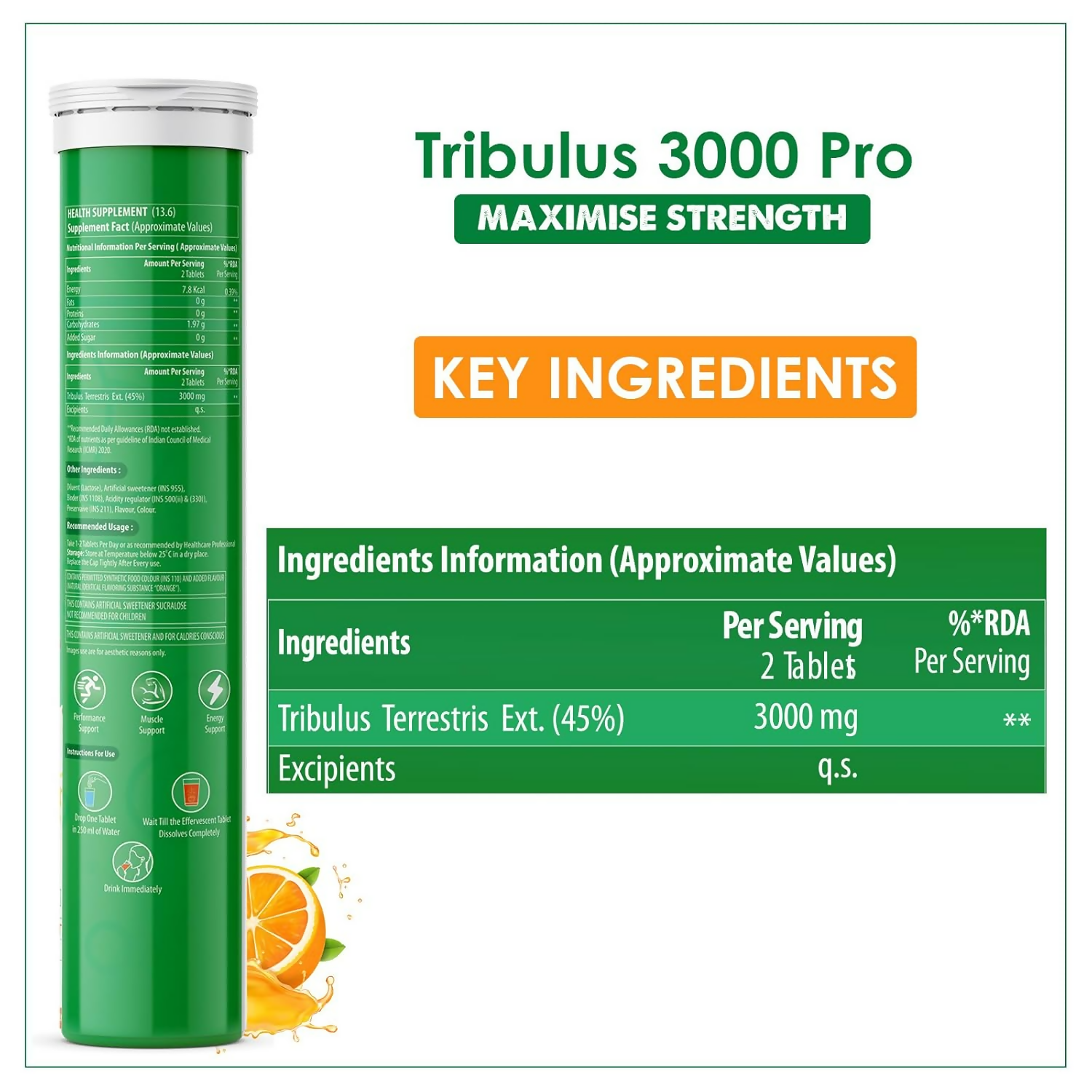Naturyz Tribulus Terrestris 3000 Pro Gokshura Effervescent Tablets (Orange Flavour)