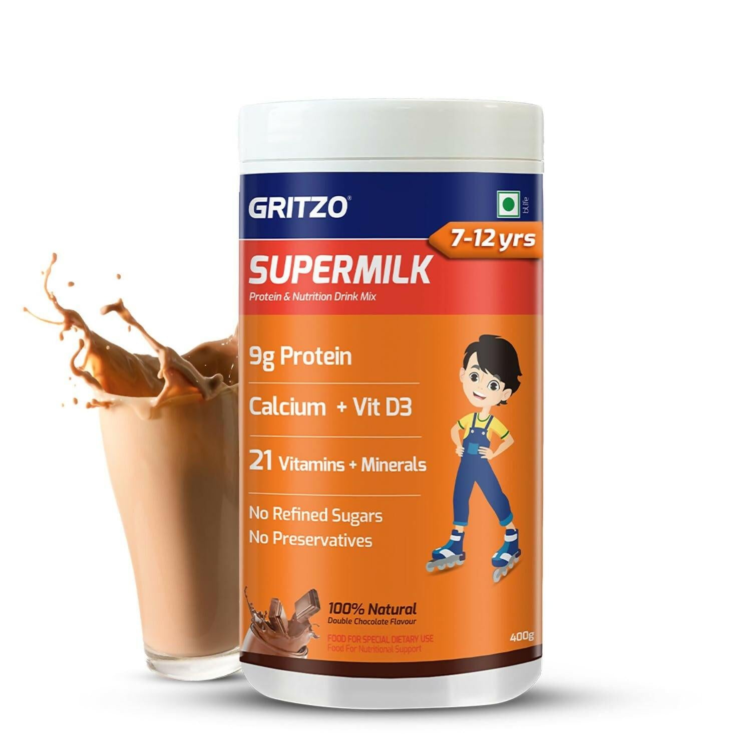 Gritzo SuperMilk Overall Growth (7-12y Boys), 9g Protein (Double Chocolate, Zero Refined Sugar, 21 Vitamins & Minerals