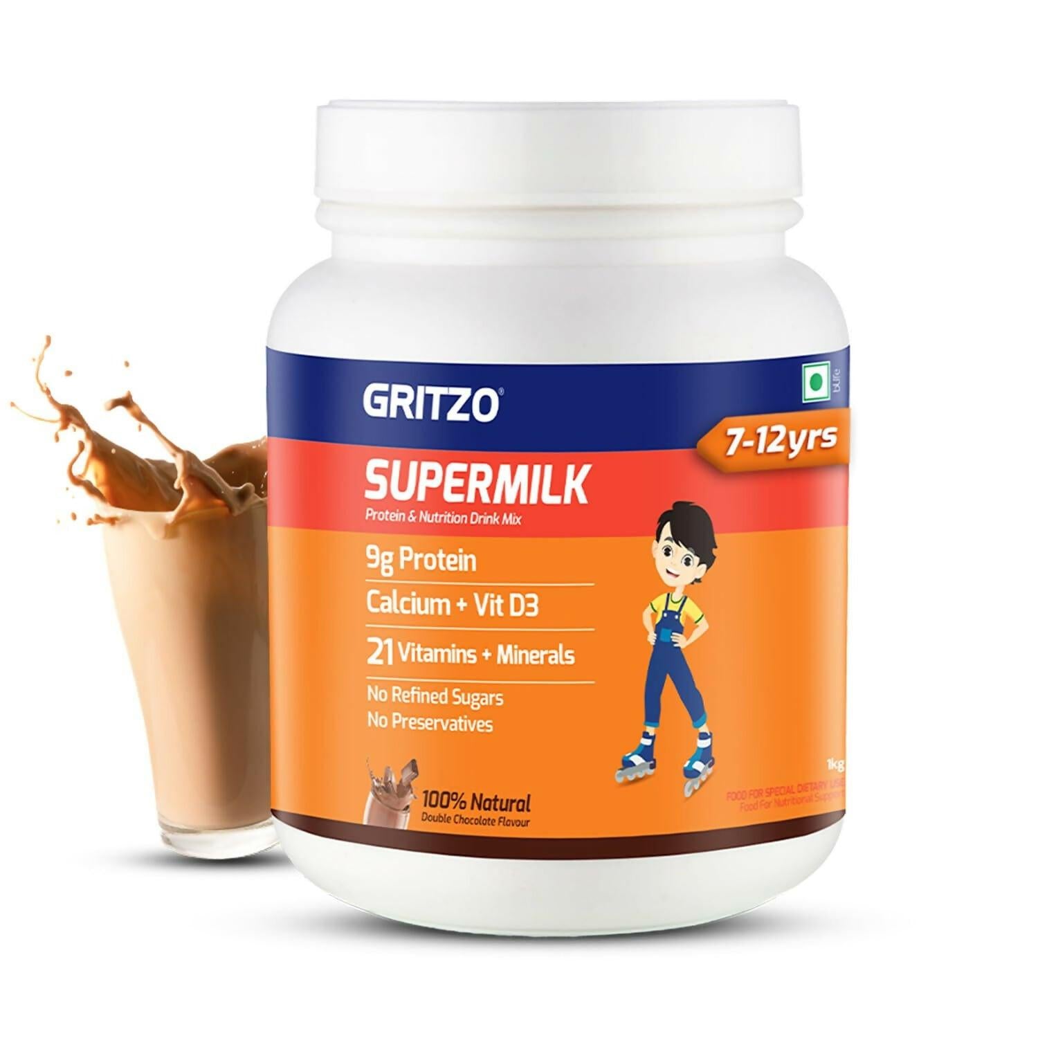 Gritzo SuperMilk Overall Growth (7-12y Boys), 9g Protein (Double Chocolate, Zero Refined Sugar, 21 Vitamins & Minerals