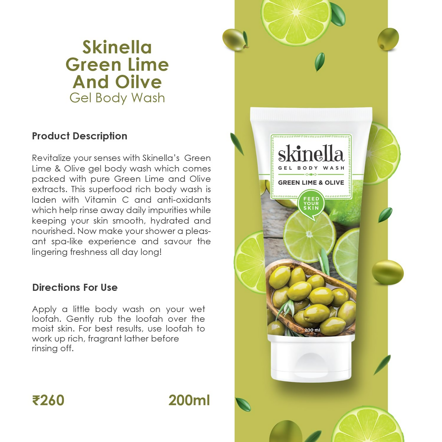 Skinella Gel Body Wash,Green Lime And Olive with Vitamins E & C