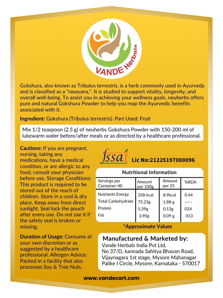 Gokshura Powder (100 gm) Natural Herb For Men | Vande Herbals