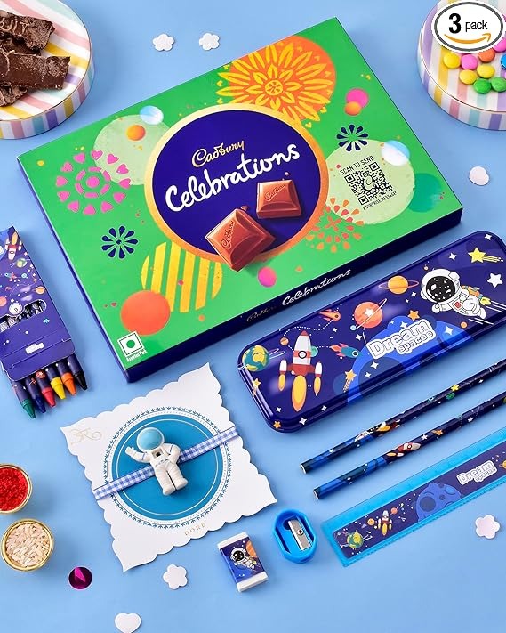 Hyperfoods® Astronaut Rakhi for Kids Boy with Chocolate & Space Stationery Kit Gift Hamper for Brother Kids Rakhi Combo Set Toys for Brother Chocolates Gift Pack