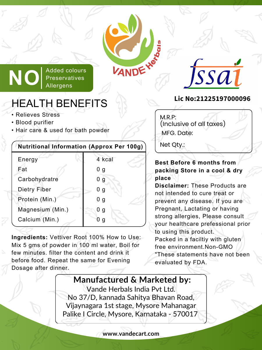 Vetiver Roots Powder -100 G, 250 G, 500 G | Vande Herbals |Valak | Iruvelli powder -250 Gms pack of 1 (Copy)