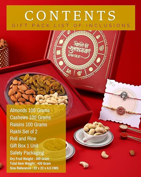 HyperFoods® Rakhi with Dry Fruits Cashews Almonds Raisins 300 Grams Dryfruits Gift Pack Raksha Bandhan Gift Hamper with Lambodar Rakhi Set of 2 Roli & Rice