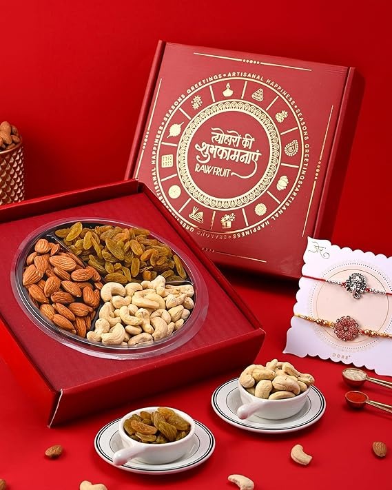 HyperFoods® Rakhi with Dry Fruits Cashews Almonds Raisins 300 Grams Dryfruits Gift Pack Raksha Bandhan Gift Hamper with Lambodar Rakhi Set of 2 Roli & Rice