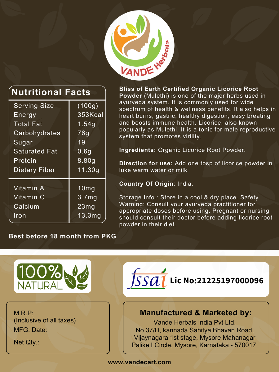 Liquorice(Mulethi) Root Powder (100, 500 Grams)| Vande Herbals | Yashtimadhu Powder for skin and hair care | Non-GMO | glycyrrhiza glabra powder/licorice Powder | No Added Preservatives