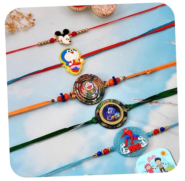 CraftVatika Kids Rakhi Set of 5 for Brother Kids, Rakhi Set of 5 for Brother Sister Girls Boys Baby, Designer Cartoon rakhi for Child, Rakshabandhan Greeting Card, Tilak Set, Fridge Magnet Gift