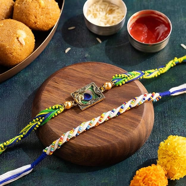Phool Mayur Rakhi Combo for Brother | Designer Morpankh & Moti Mayur Set | Elegant Rakhis with Roli Chawal | Unique Rakhi set for Brother