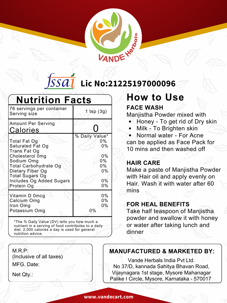 Organic Manjistha Powder, 100G | Vande Herbals |