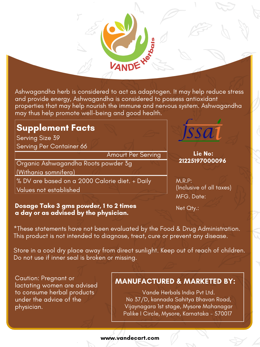 Ashwagandha Powder 100gm | Vande Herbals