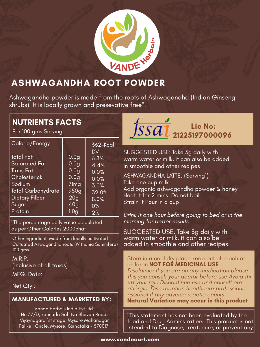 Ashwagandha Root Powder 100 gm| Vande Herbals