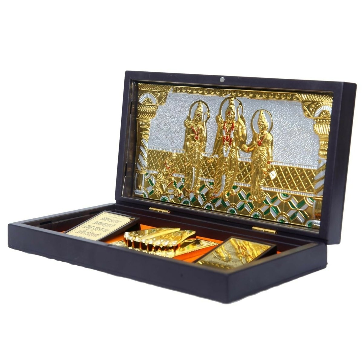 Anciently Ram Darbar Pocket Temple Box With Charan Paduka Rectangle Shaped, Gold Plated