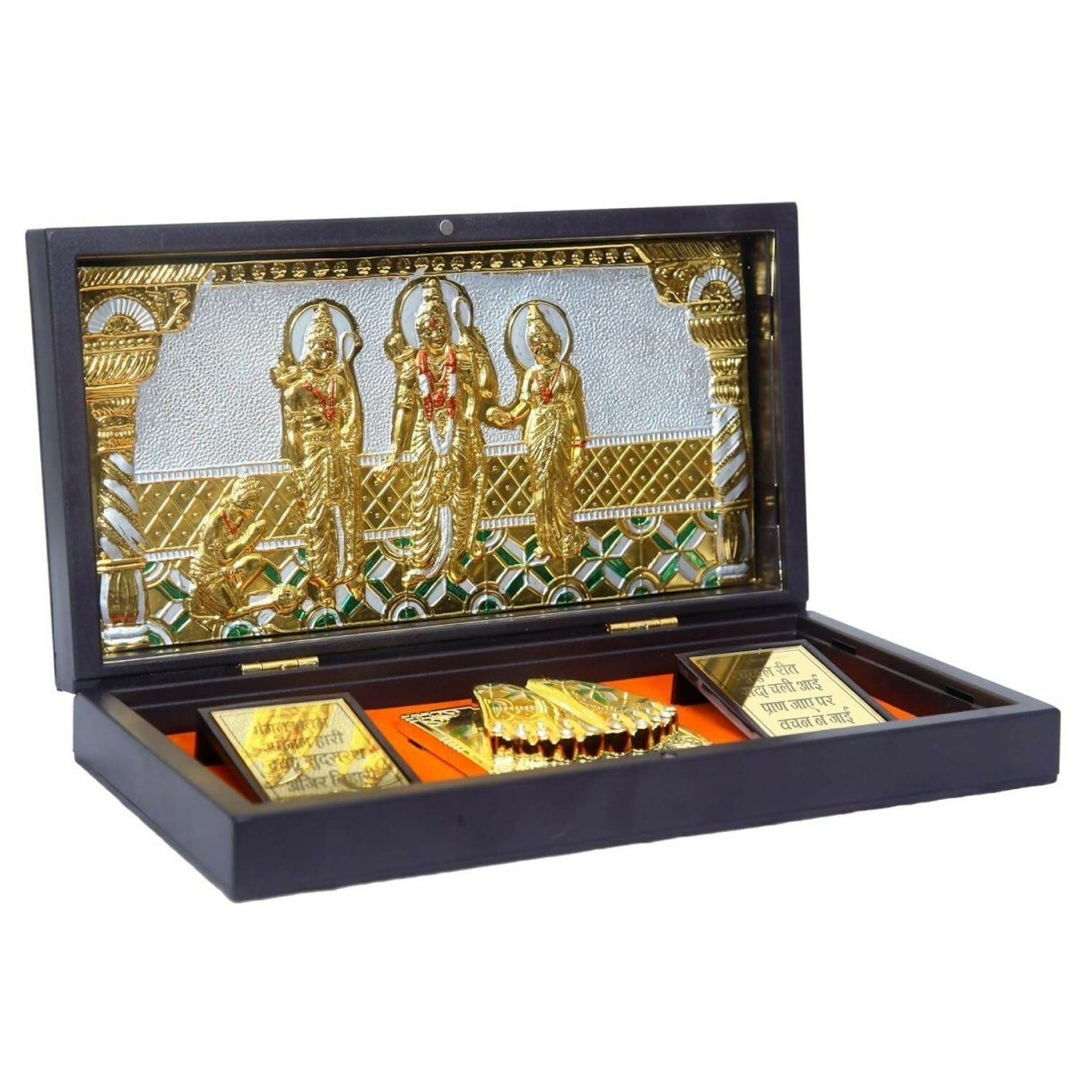 Anciently Ram Darbar Pocket Temple Box With Charan Paduka Rectangle Shaped, Gold Plated
