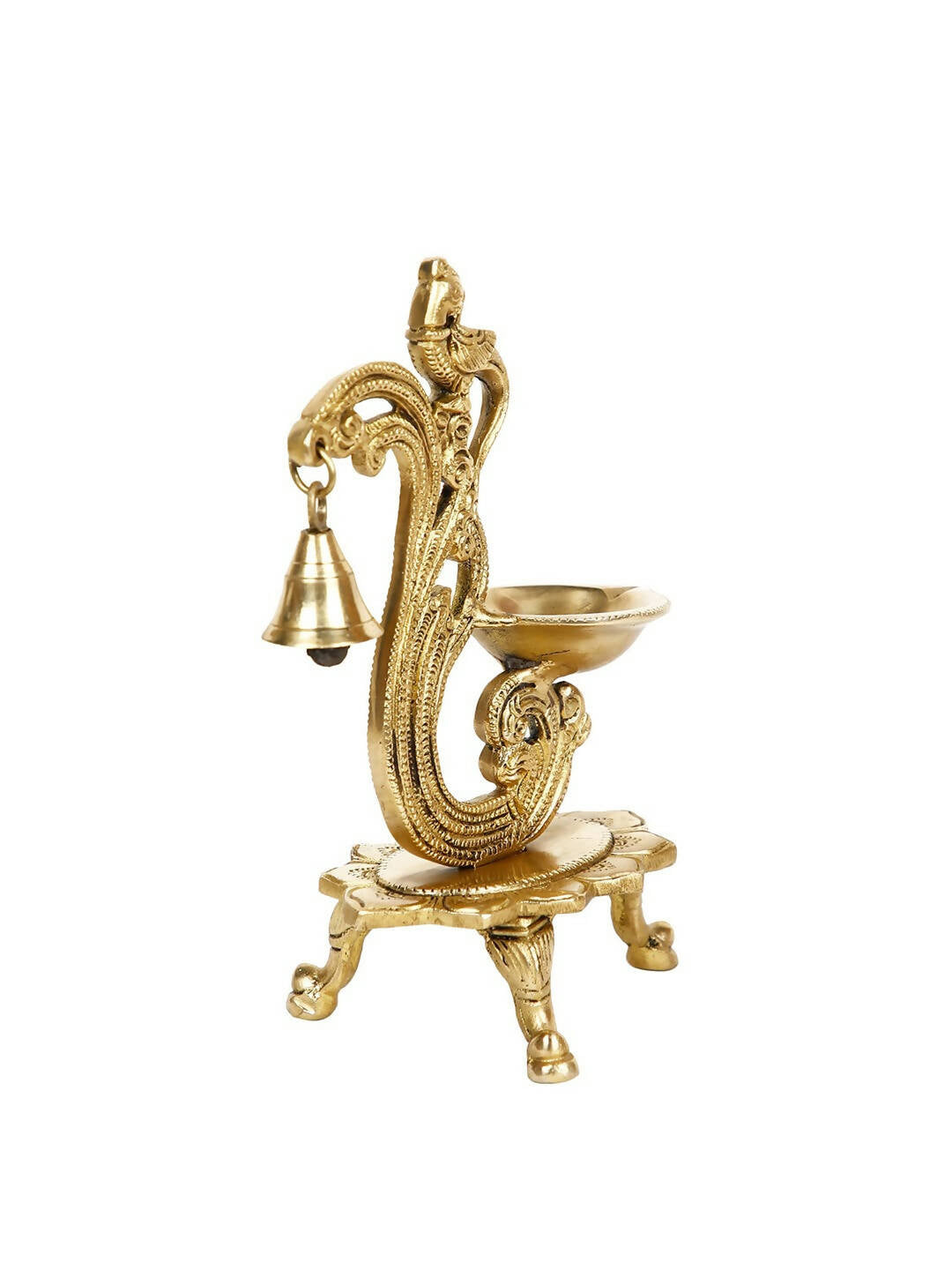 CraftVatika Gold-Toned Brass Handmade Decorative Peacock Design Diya with Bell & Stand