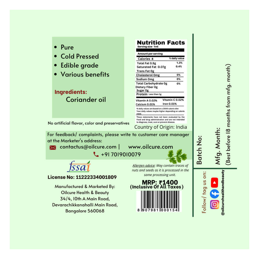 Oilcure Coriander Seed Oil Cold Pressed