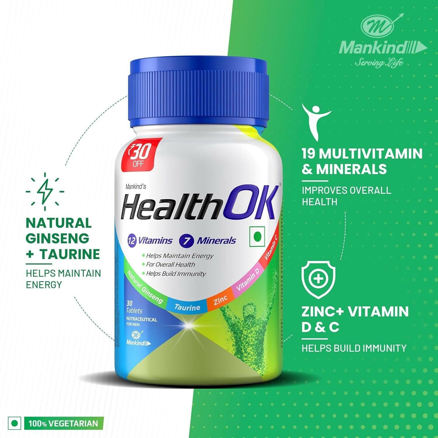 Health OK Multivitamin Tablets For Daily Energy, Vitamin D, C & Overall Health