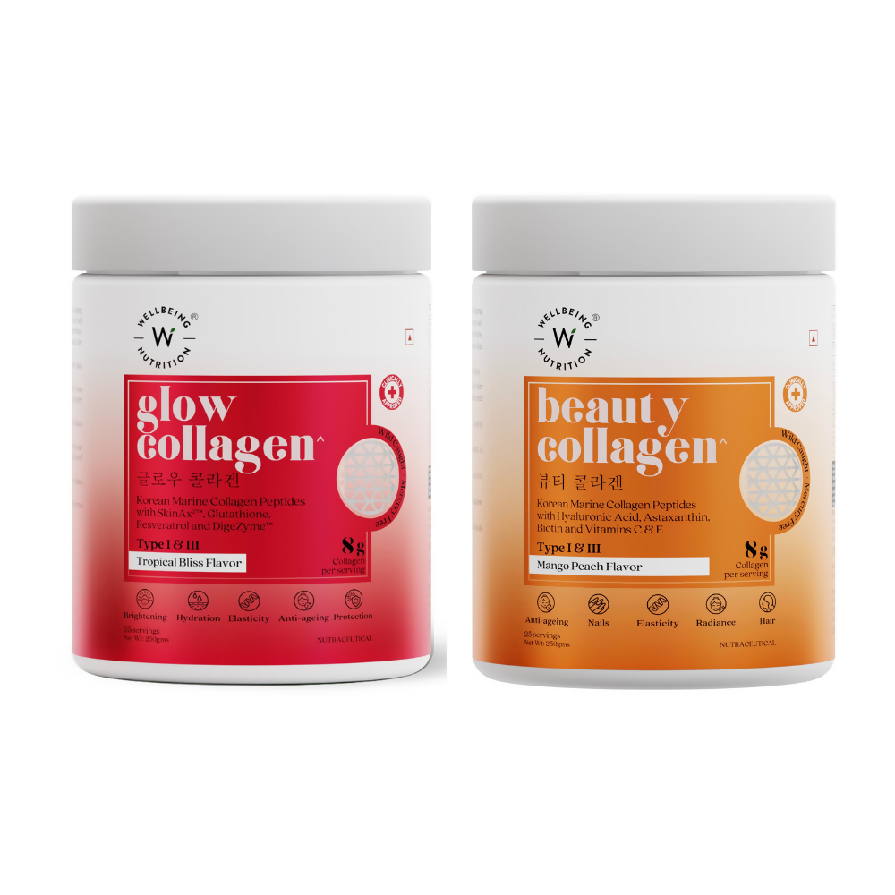 Wellbeing Nutrition Glow Korean Marine & Beauty Collagen Combo: Tropical Bliss & Mango Peach Flavor
