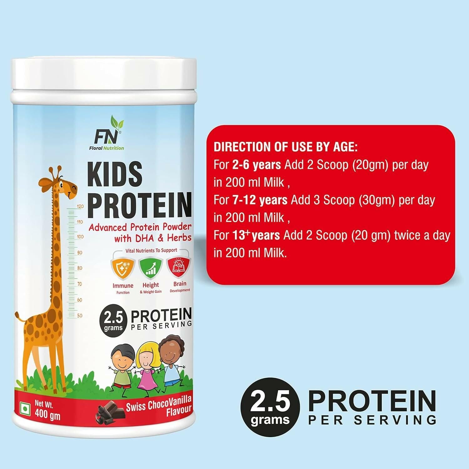Floral Nutrition Kids Protein for Kids with DHA, Vitamin-D for Growth, Height, Immunity, Active & Strong