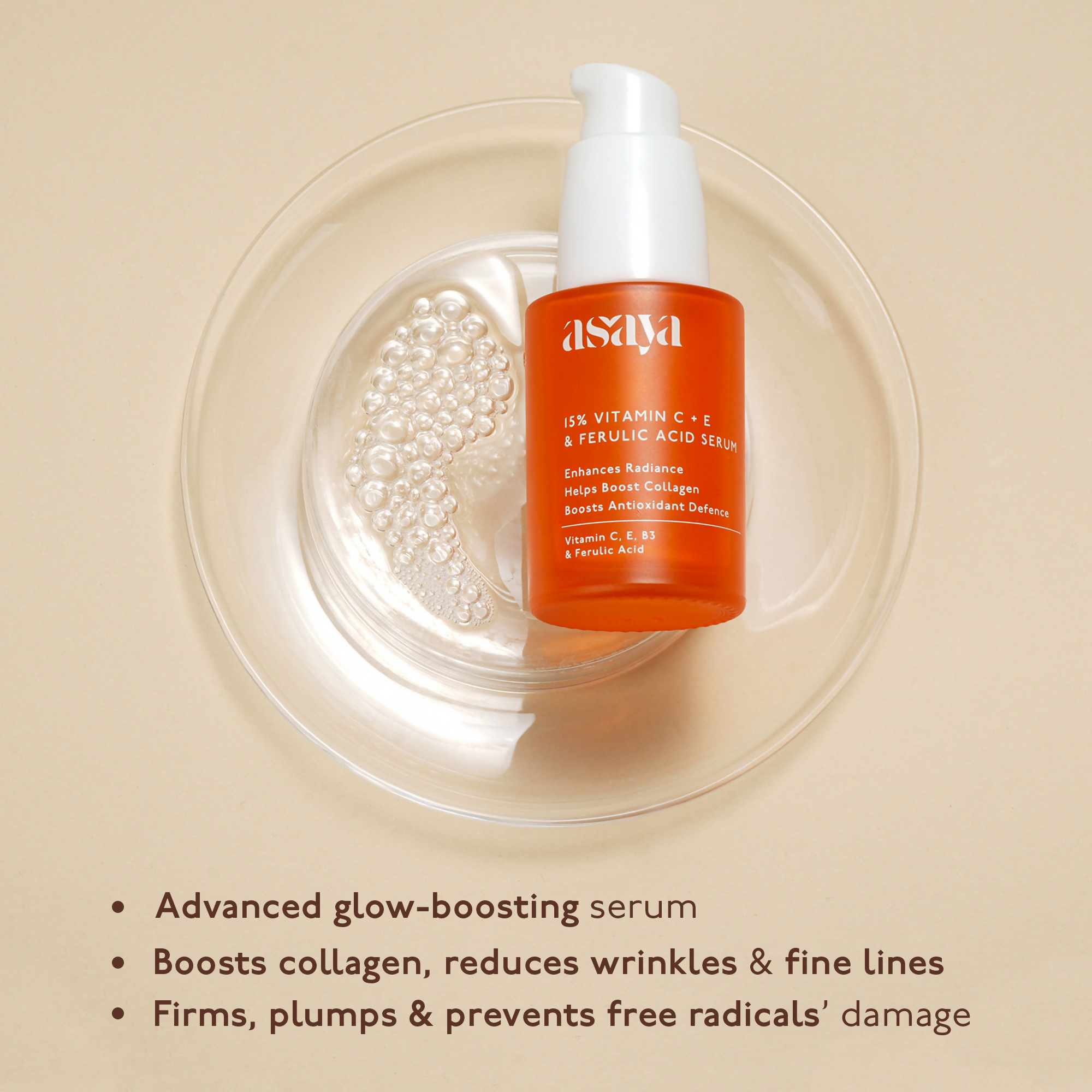 Asaya 15% Vitamin C + E Serum For Face With Ferulic Acid Brightening Serum & Skin Collagen Booster