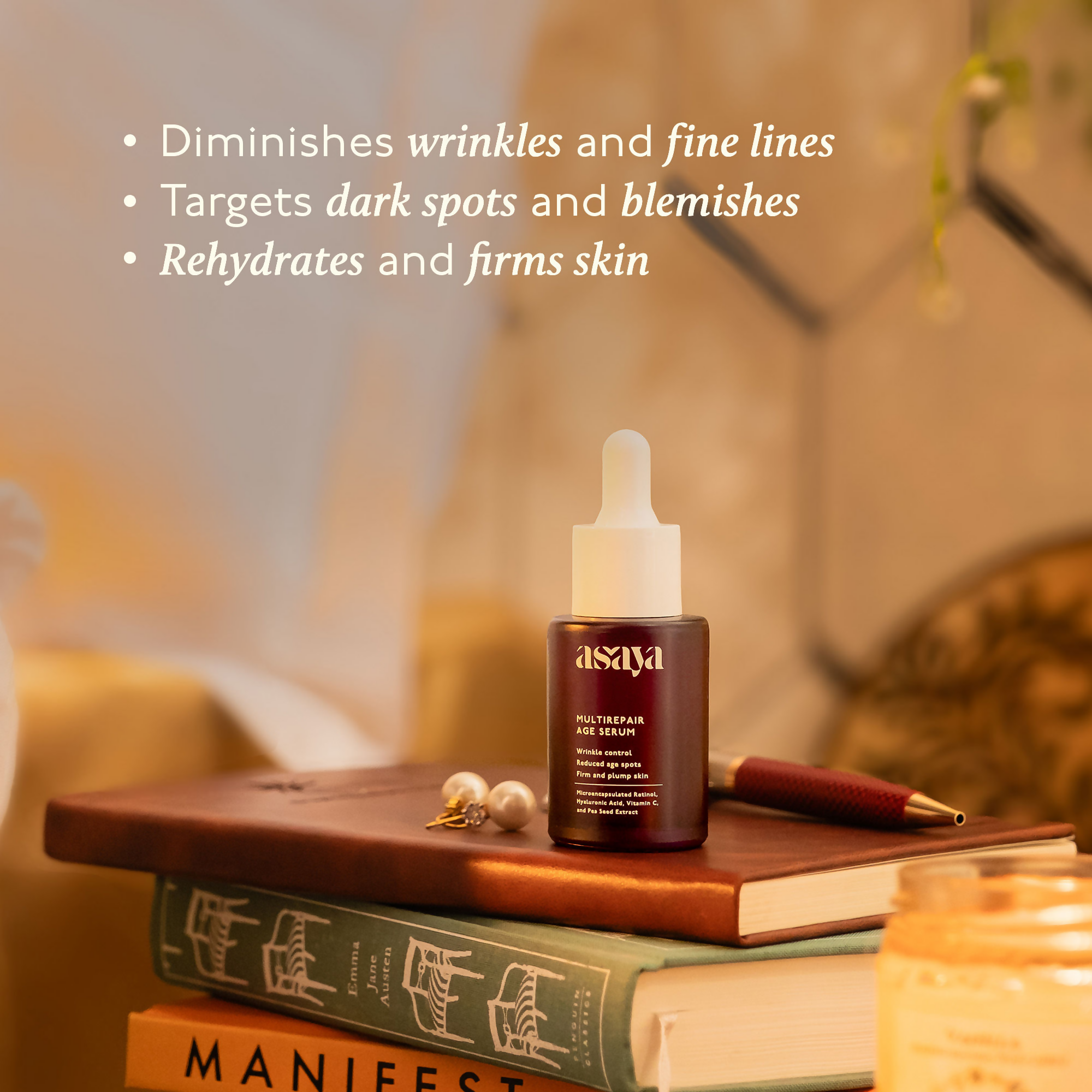 Asaya 0.2% Retinol Peptide Night Serum, Beginner Friendly Anti Aging Face Serum With Vit C