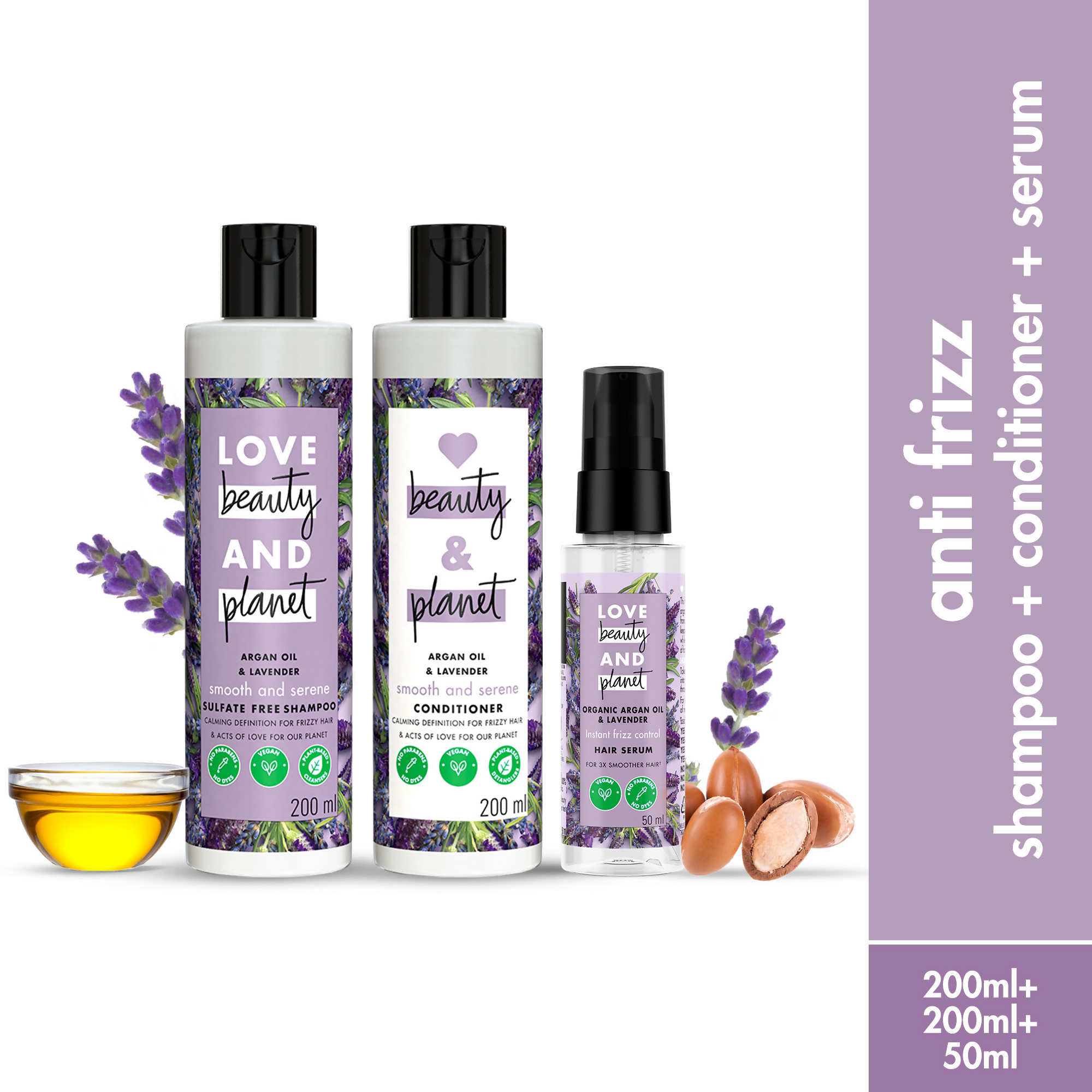Love Beauty And Planet Argan Oil And Lavender Anti Frizz Shampoo Conditioner & Hair Serum Combo