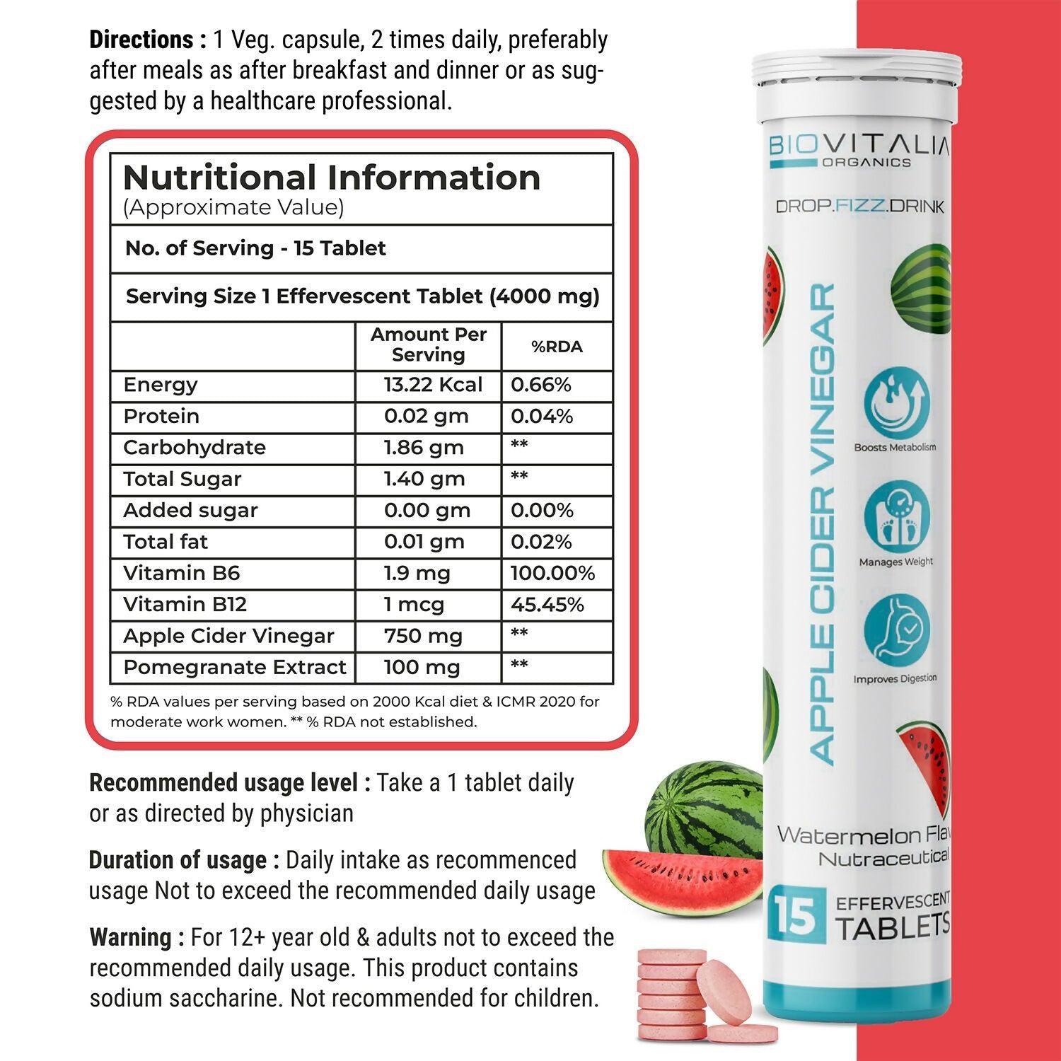 Biovitalia Organics Apple Cider Vinegar Effervescent Tablets