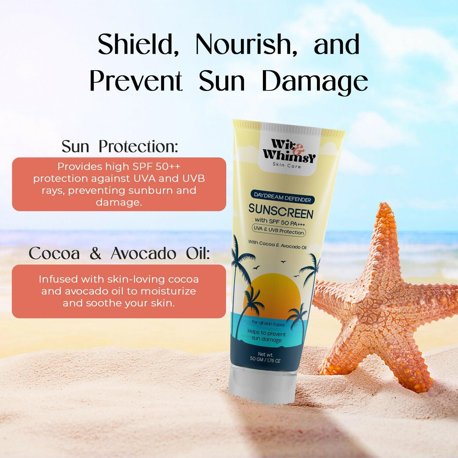 Wit and Whimsy Sunscreen With SPF 50 PA+++ Enriched with Cocoa & Avocado Oil sun protection and skin care