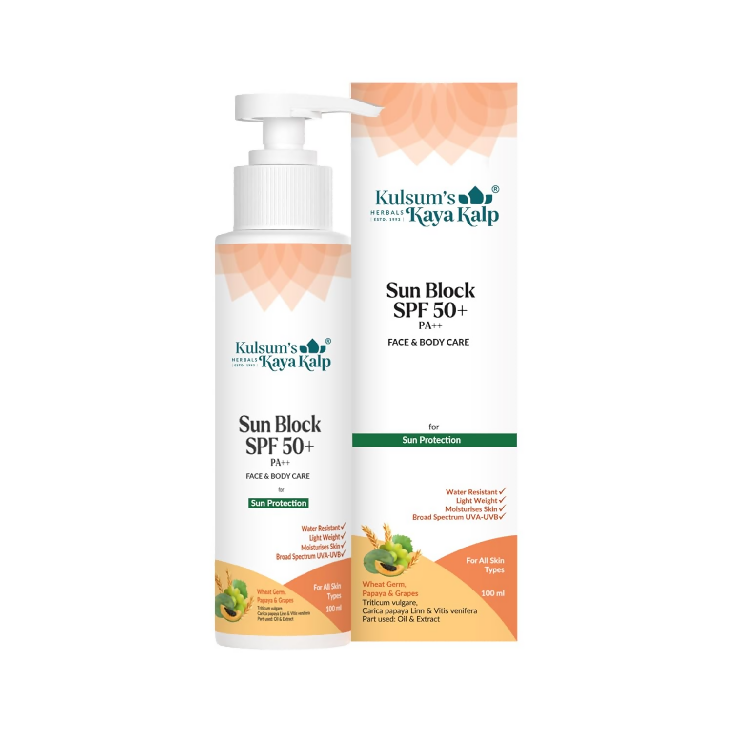 Kulsum's Kaya Kalp Sun Block SPF 50+ With Wheat Germ And Papaya For All Skin Types