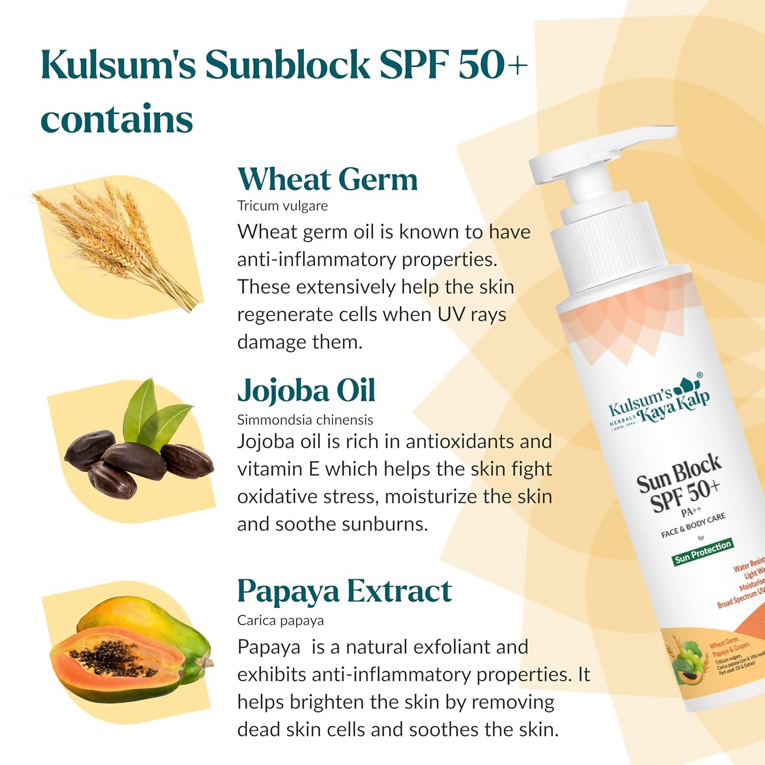 Kulsum's Kaya Kalp Sun Block SPF 50+ With Wheat Germ And Papaya For All Skin Types