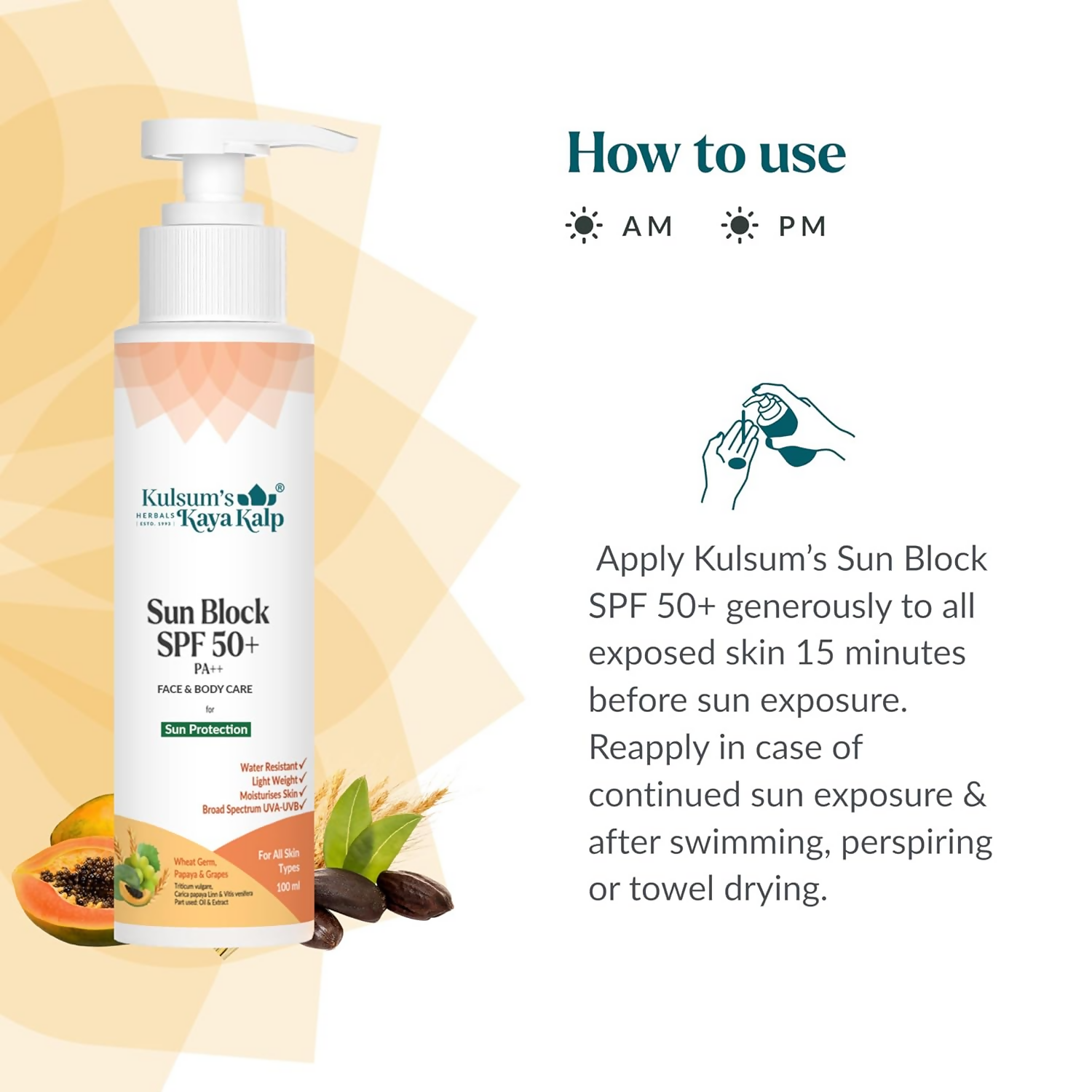 Kulsum's Kaya Kalp Sun Block SPF 50+ With Wheat Germ And Papaya For All Skin Types
