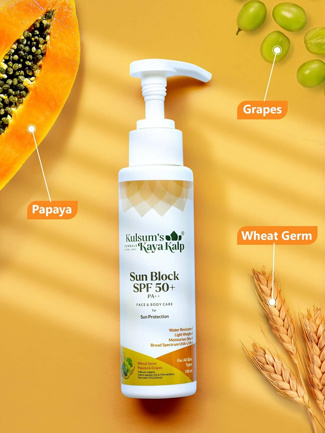 Kulsum's Kaya Kalp Sun Block SPF 50+ With Wheat Germ And Papaya For All Skin Types