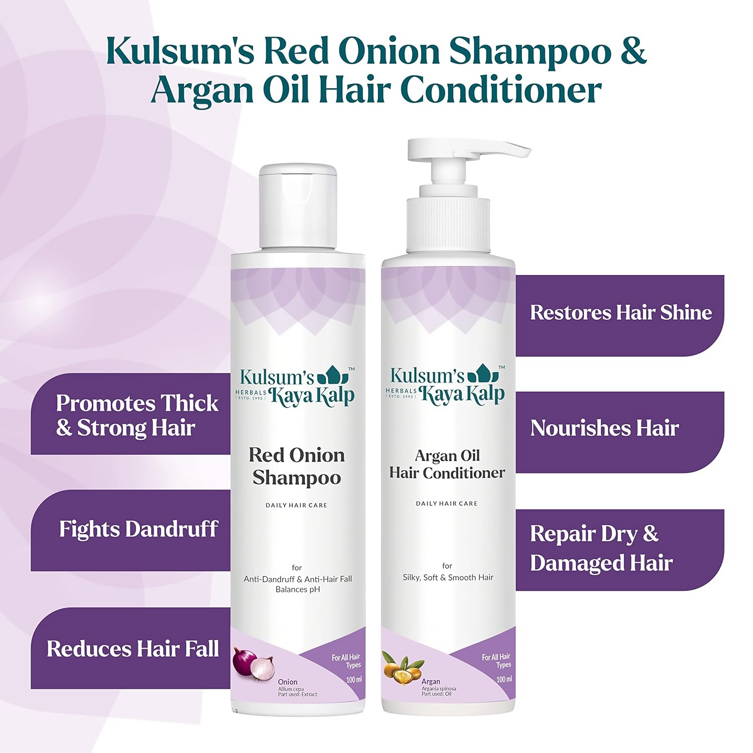 Kulsum's Kaya Kalp Red Onion Shampoo & Argan Oil Hair Conditioner Combo For Anti-Hair Fall, Silky, Soft & Smooth Hair