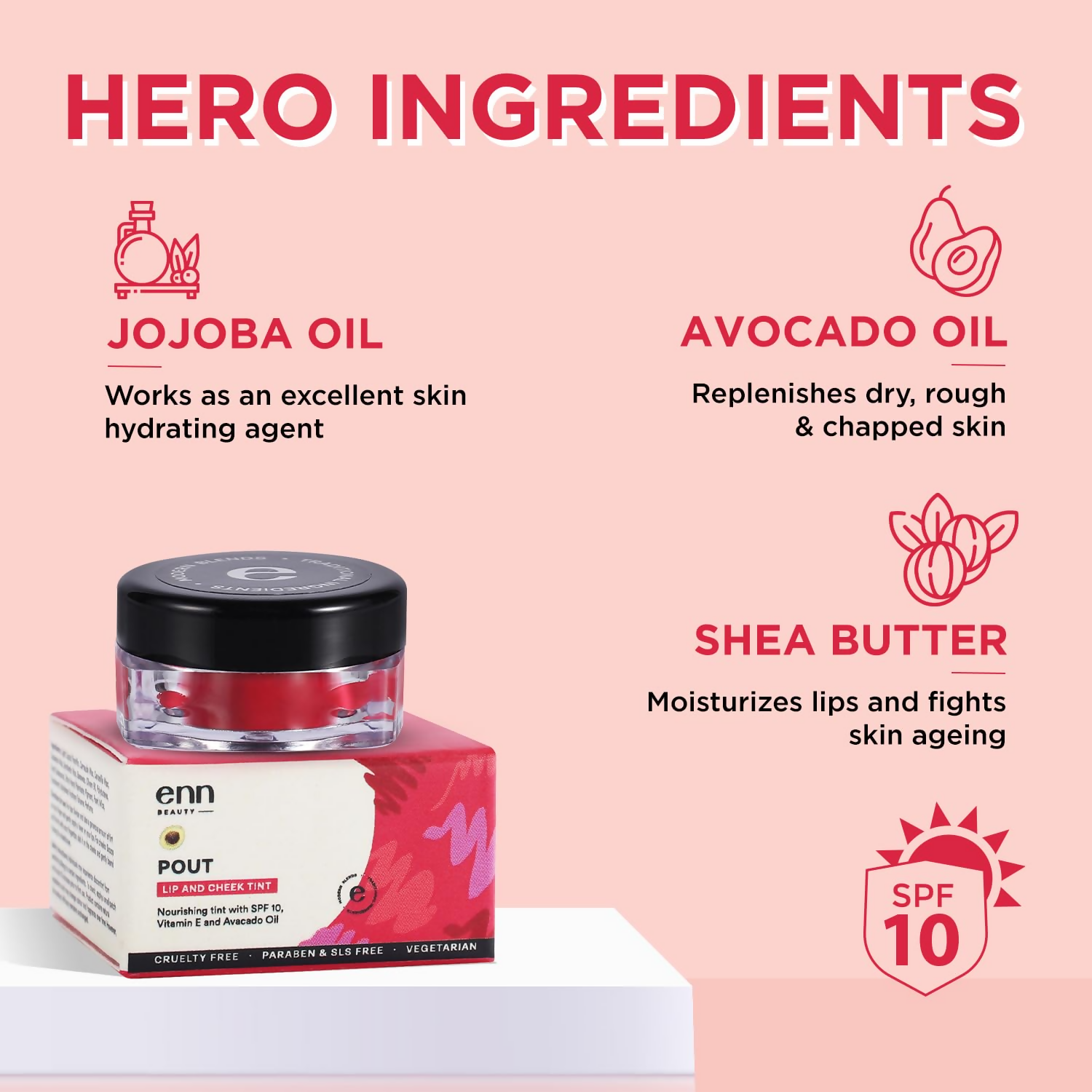 Enn Beauty Pout Lip, Cheek Tint With SPF 10 With Jojoba & Avocado Oil - Passion Pink