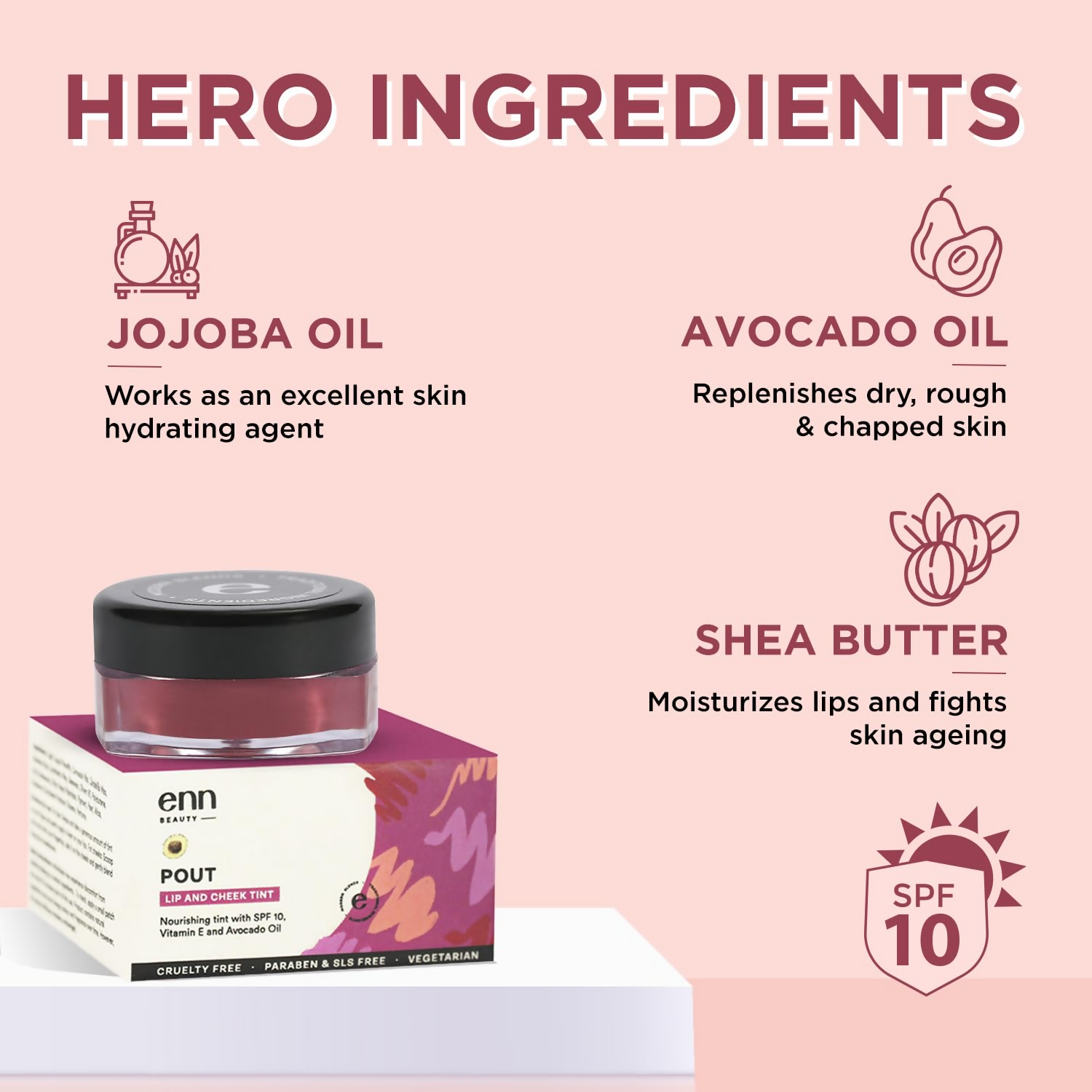 Enn Beauty Pout Lip, Cheek Tint With SPF 10 With Jojoba & Avocado Oil - Bare Blush