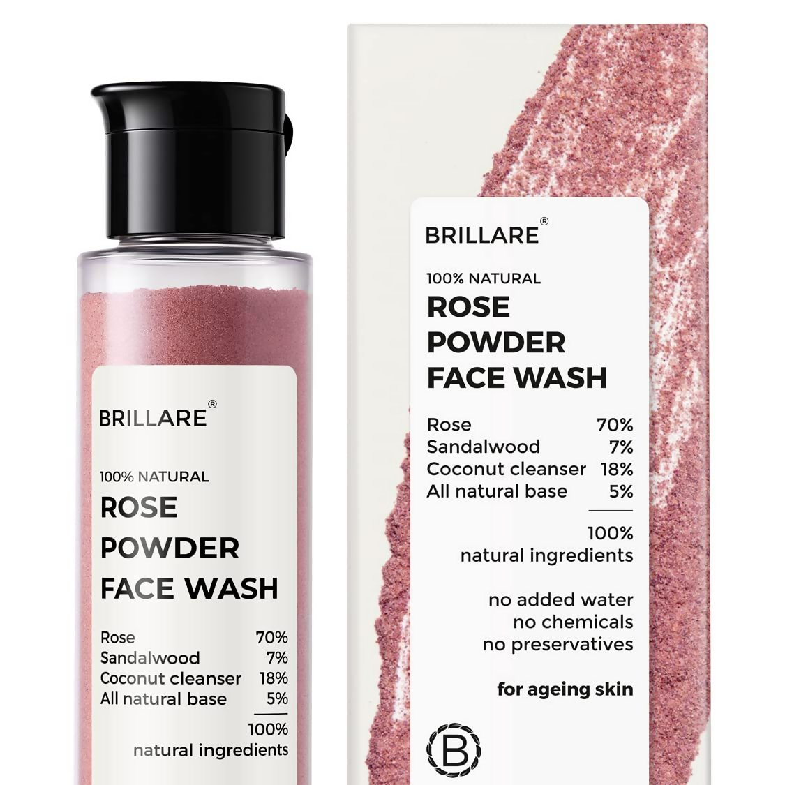 Brillare 100% Natural Rose Powder Face Wash With Anti Ageing Skin Sandalwood & Coconut