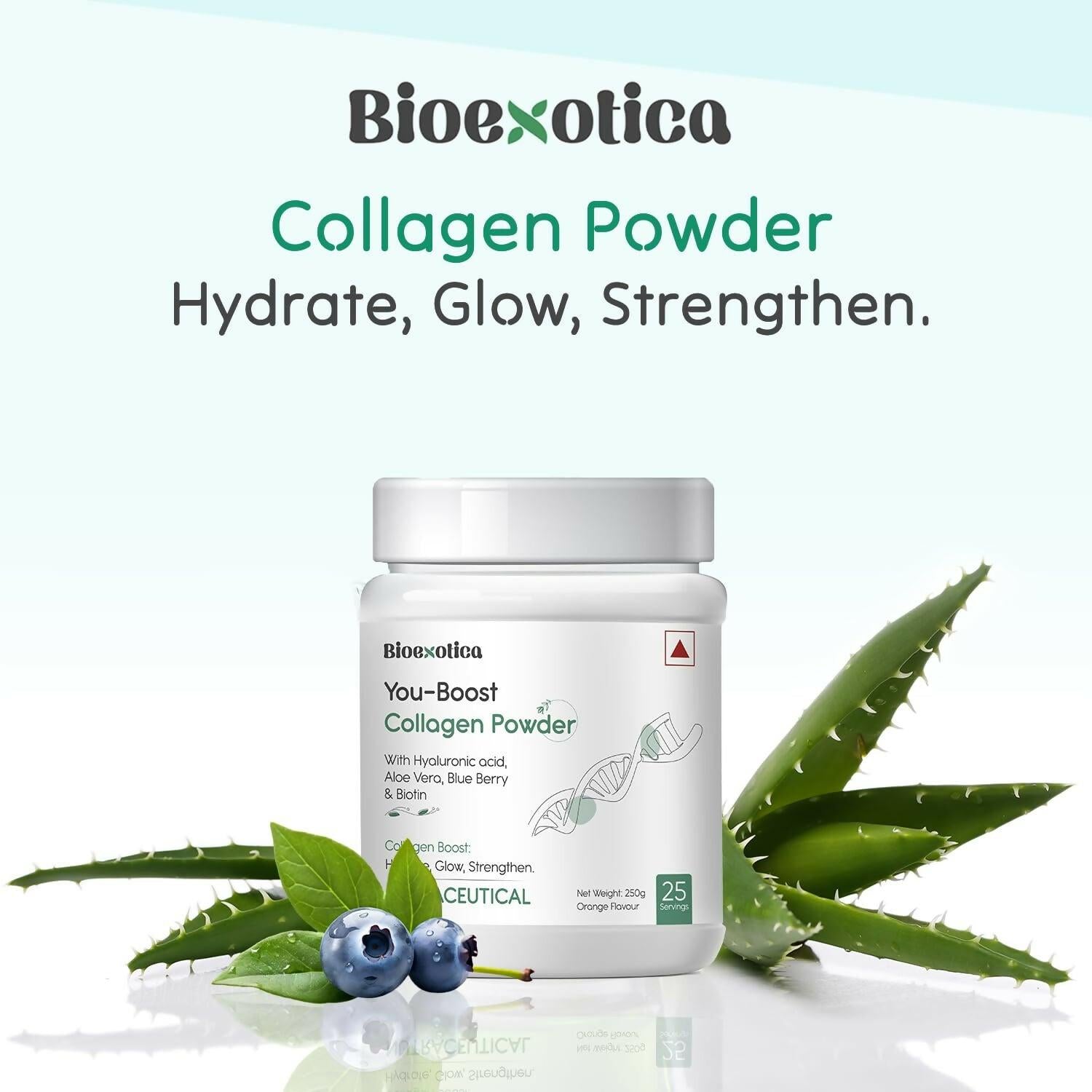 Bioexotica Orange Flavour Collagen Powder With Hyaluronic Acid, Aloe Vera, Blue Berry & Biotin