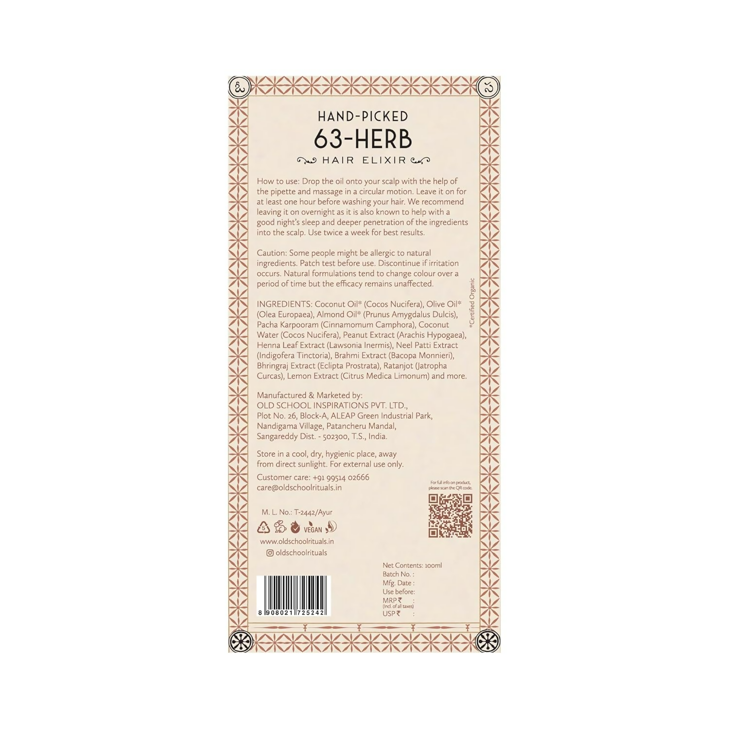 Old School Rituals 63-Herb Hair Elixir All-Natural Hair Oil For Growth Of Strong & Healthy Hair