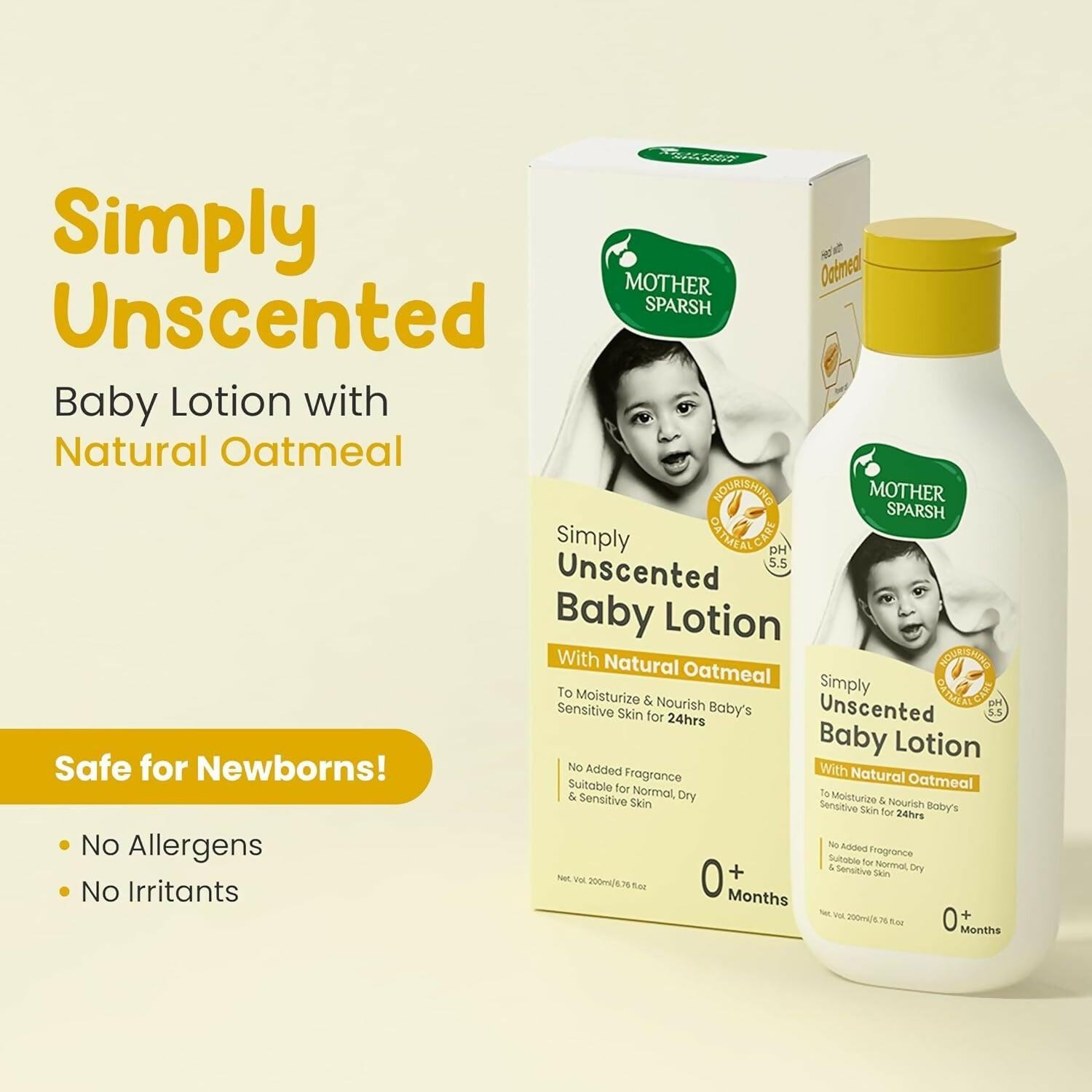Mother Sparsh Simply Unscented Baby Lotion With Natural Oatmeal, 24hr Protection for Dry, Itchy & Sensitive Skin