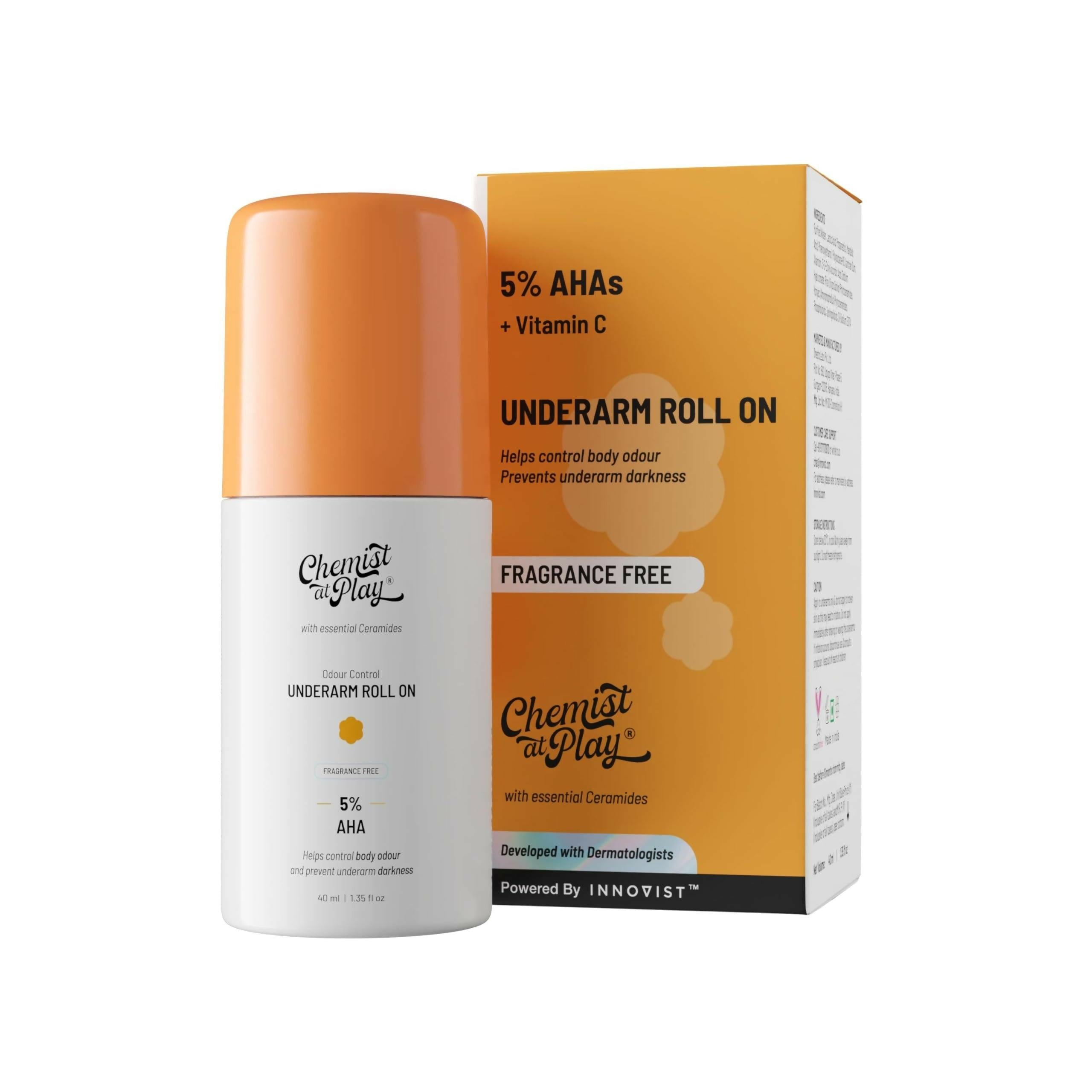 Chemist at Play UnderArm Roll On Fragrance Free, Prevents Body Odour, Brightens Skin & Exfoliates Underarm